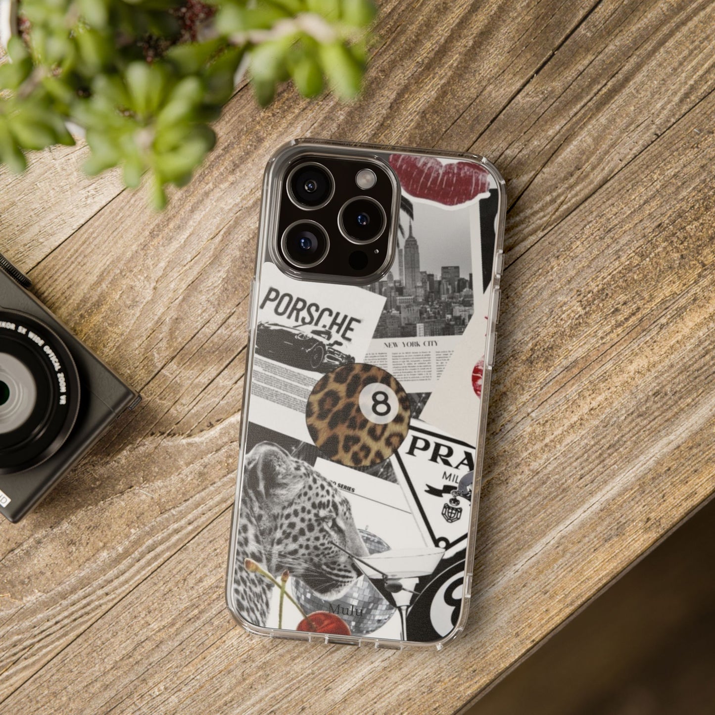 Clear Impact-Resistant Phone Case — Collage Luxury Leopard & Vintage Car Design