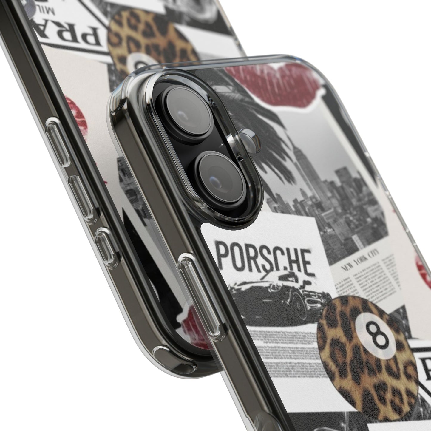 Clear Impact-Resistant Phone Case — Collage Luxury Leopard & Vintage Car Design