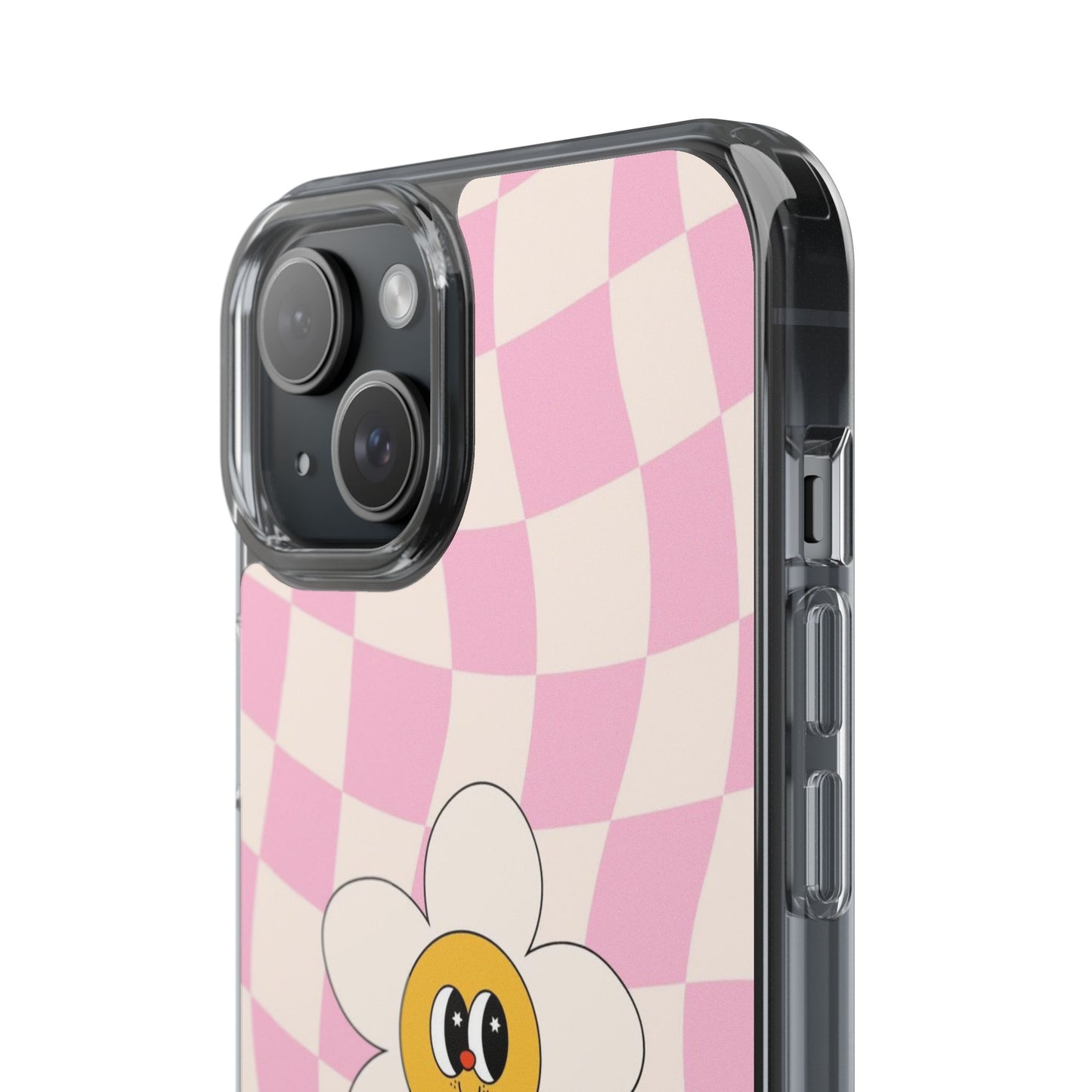 Clear Impact-Resistant Phone Case — Pink Checkerboard Daisy Design