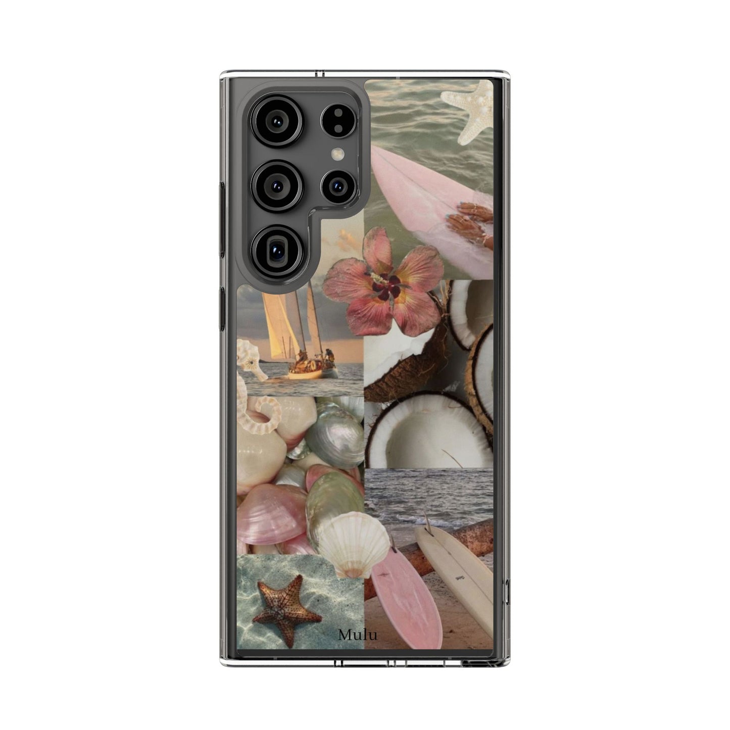 Clear Phone Case — Coastal Collage Shells & Surf Design