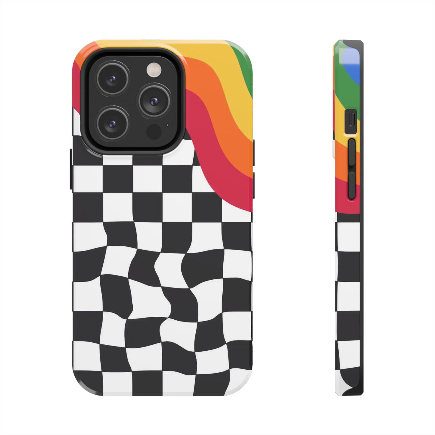 Retro Wavy Checkerboard Tough Phone Case — Rainbow Surf Skate Design