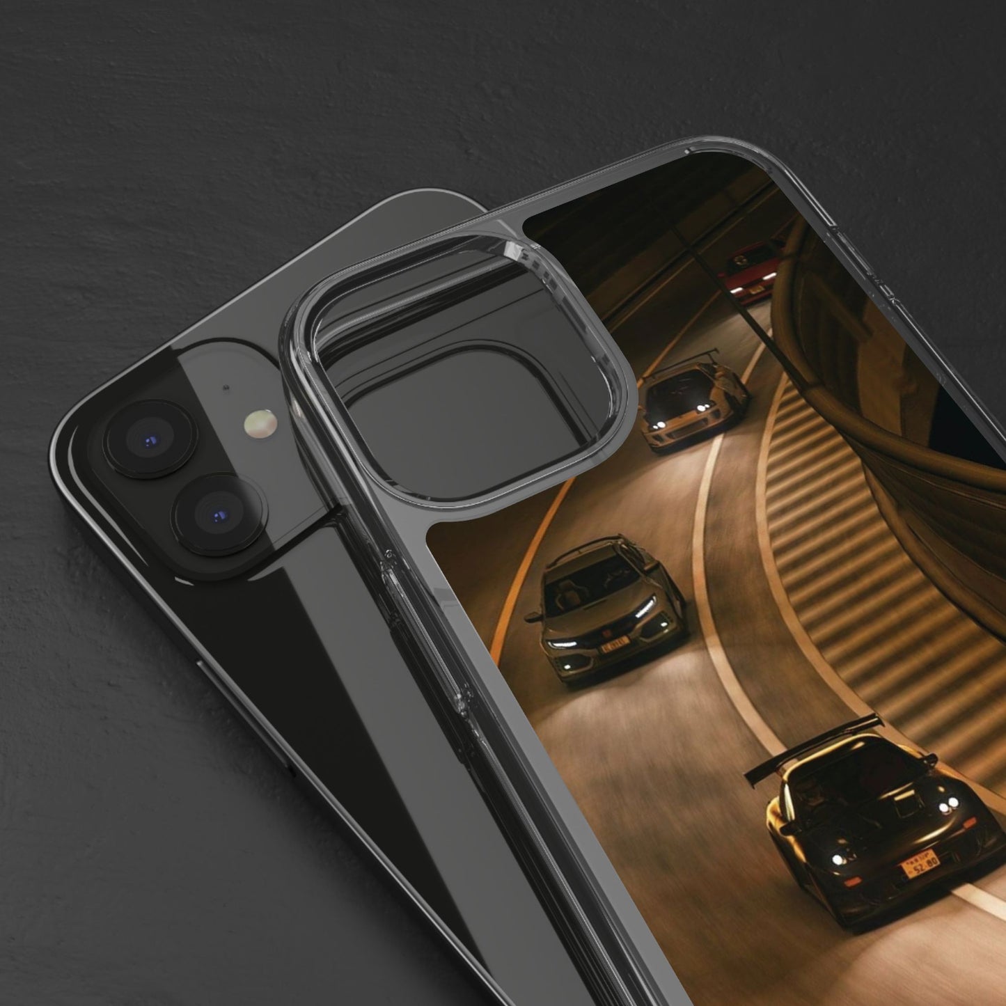 Racing Night Clear Phone Case – Sports Cars on Curved Highway