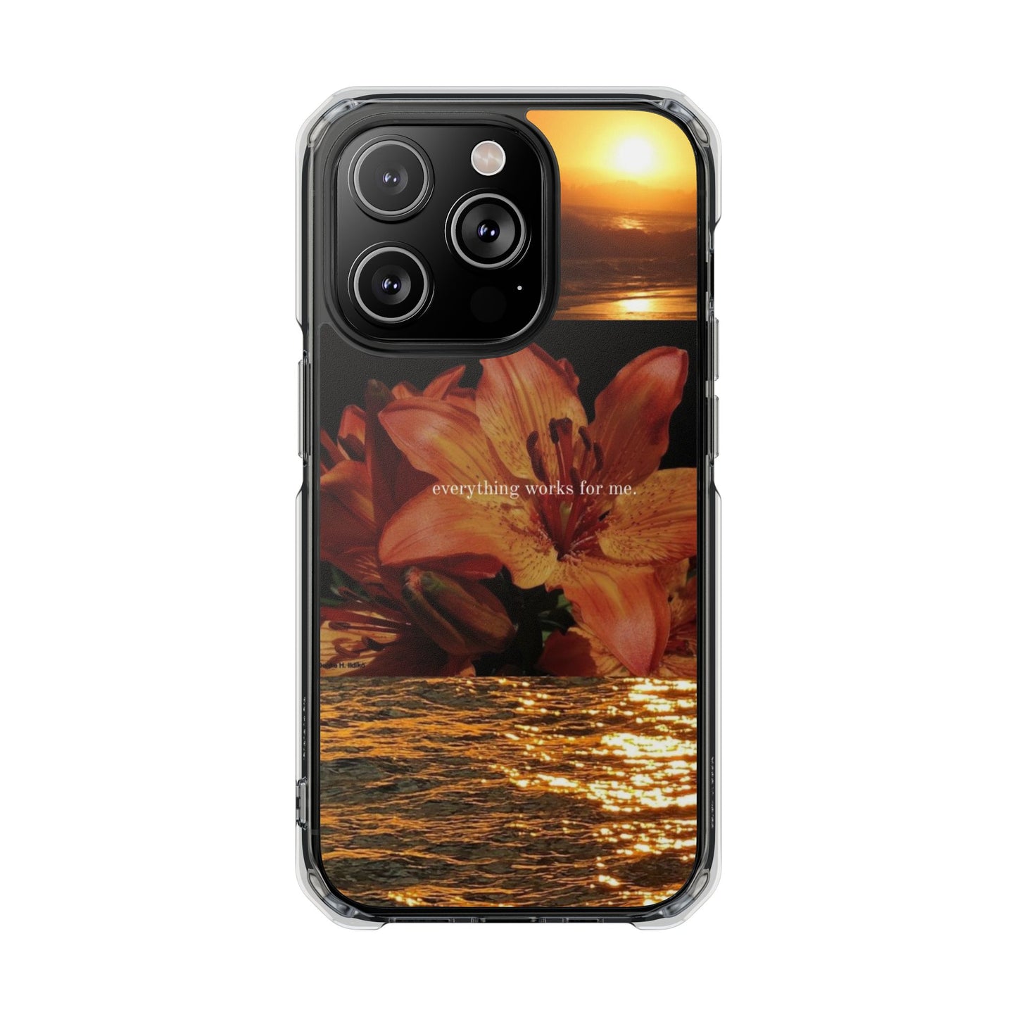 Clear Magnetic Phone Case — Sunset Lily Design ("anything waits for you")
