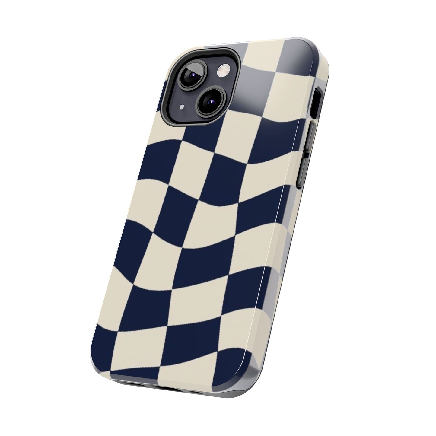 Wavy Checkerboard Tough Phone Case — Navy & Cream Protective Cover