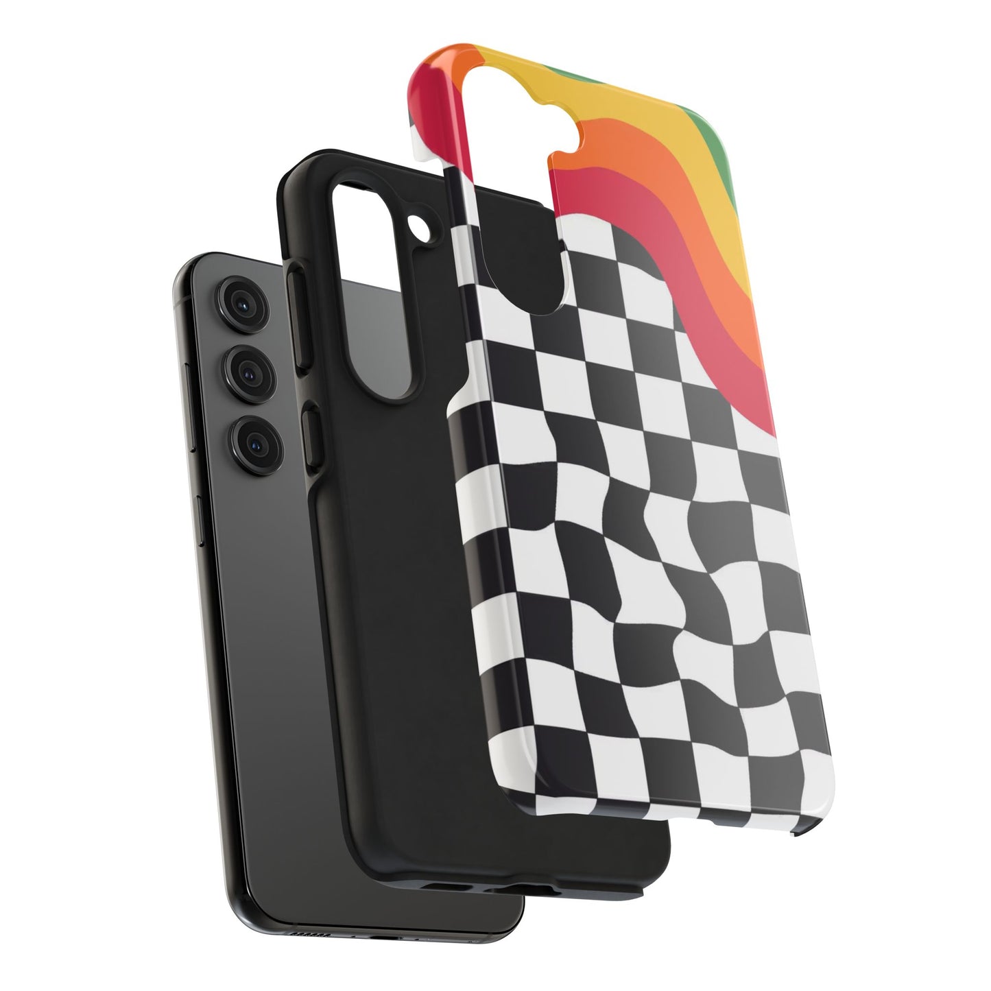 Retro Wavy Checkerboard Tough Phone Case — Rainbow Surf Skate Design