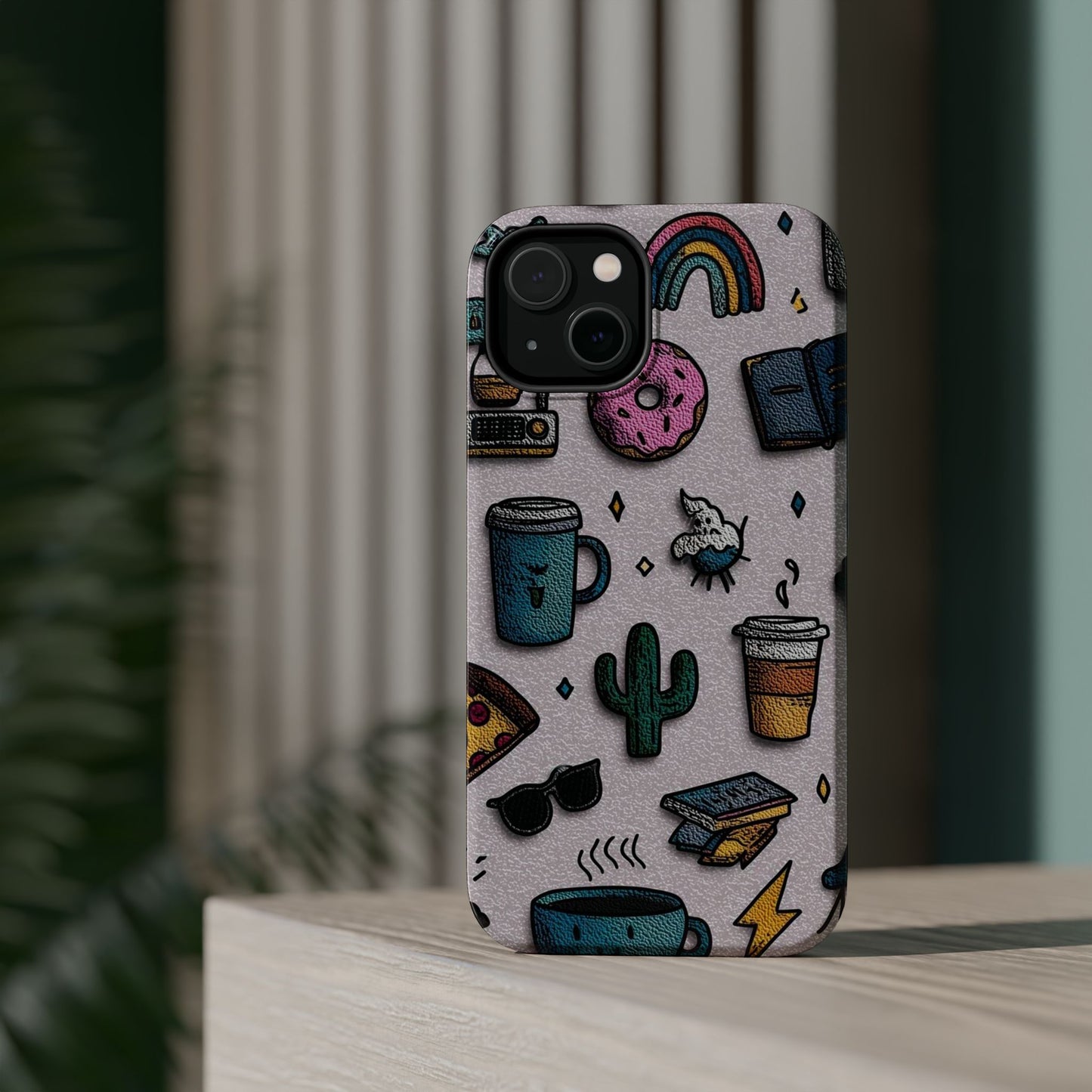 Cute Doodle Phone Case — Magnetic Impact-Resistant Design (coffee, rainbow, cactus)