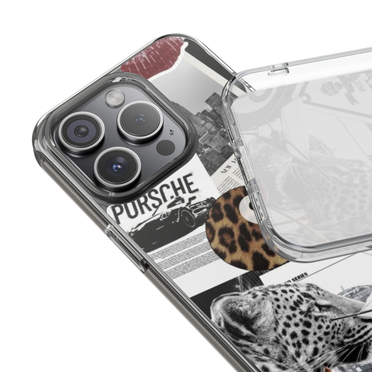 Clear Impact-Resistant Phone Case — Collage Luxury Leopard & Vintage Car Design
