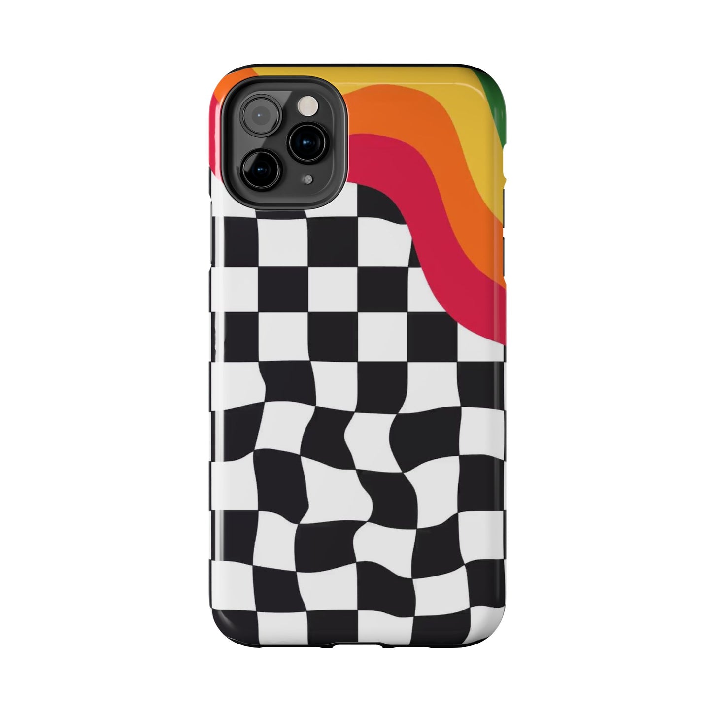 Retro Wavy Checkerboard Tough Phone Case — Rainbow Surf Skate Design