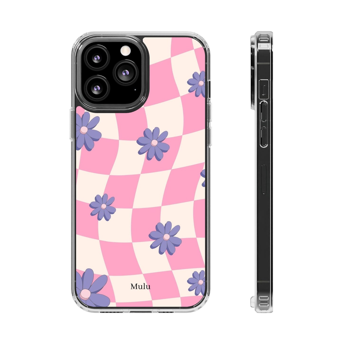 Clear Impact Phone Case — Pink Checkerboard with Purple Flowers