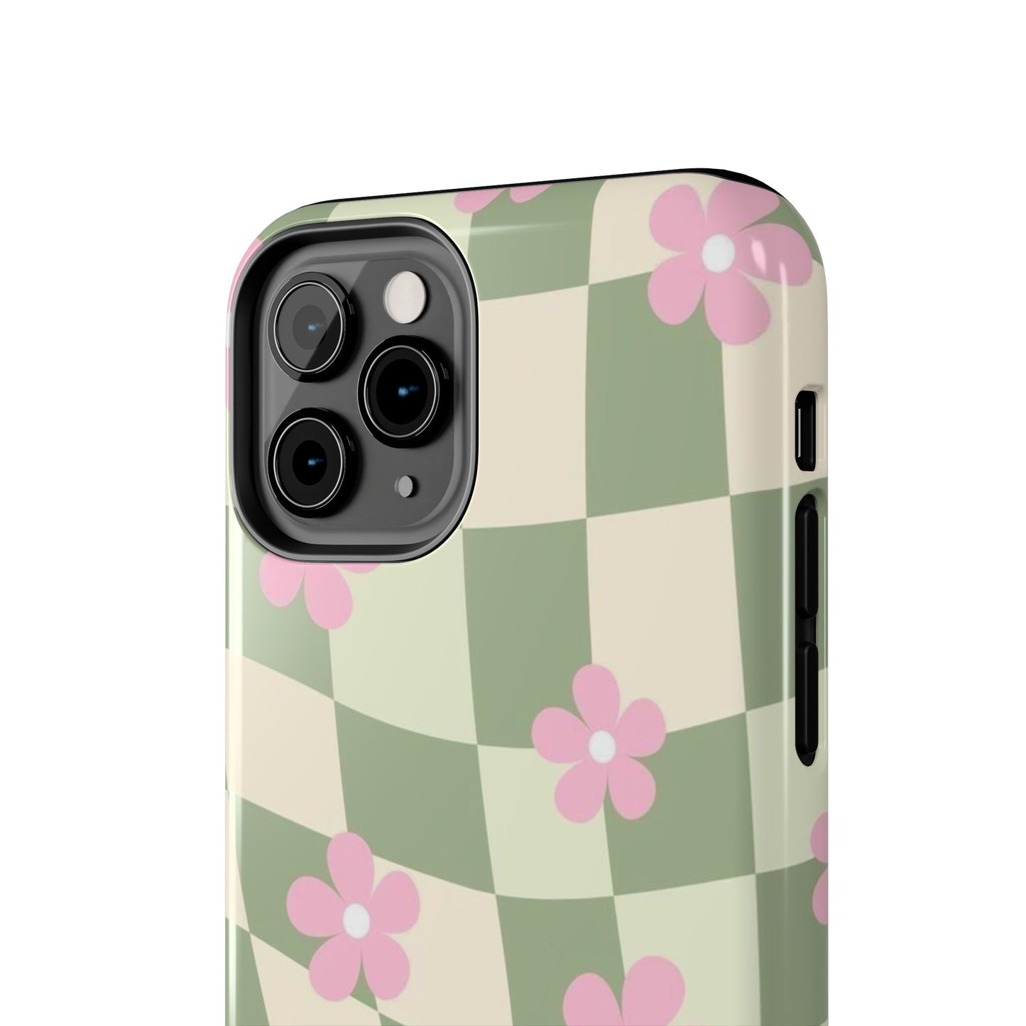 Tough Phone Case — Retro Green Checkerboard with Pink Flowers
