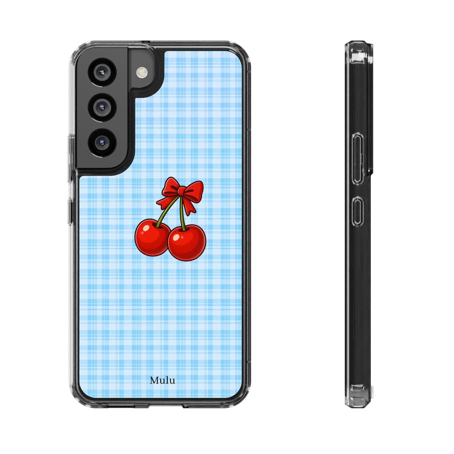 Clear Cherry Gingham Phone Case — Impact-Resistant Clear Case with Red Cherry Design