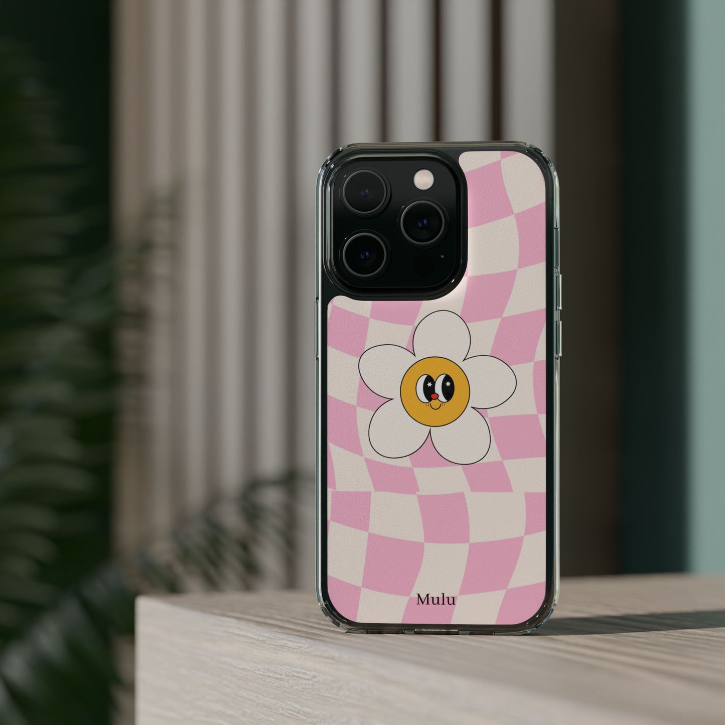 Clear Impact-Resistant Phone Case — Pink Checkerboard Daisy Design