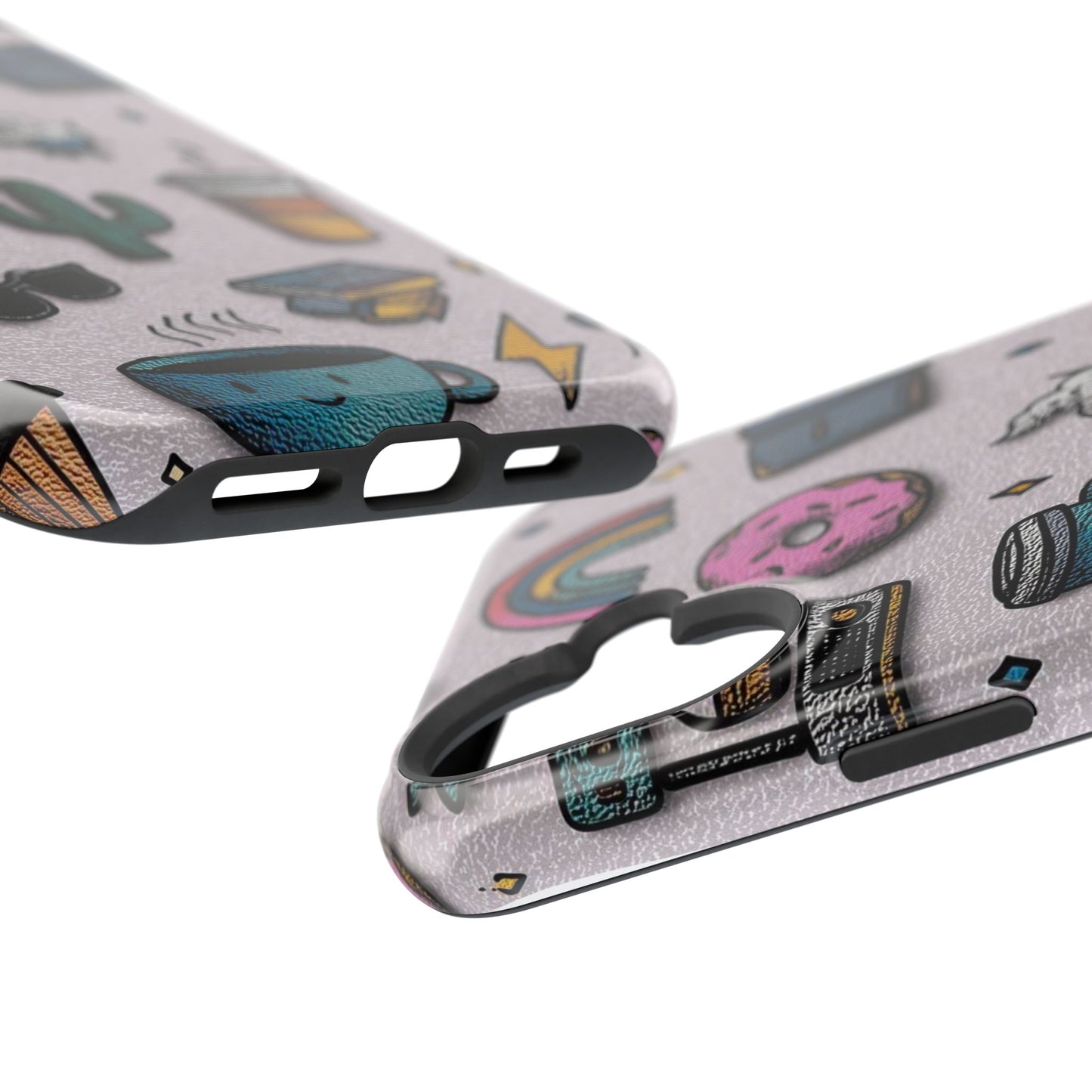 Cute Doodle Phone Case — Magnetic Impact-Resistant Design (coffee, rainbow, cactus)