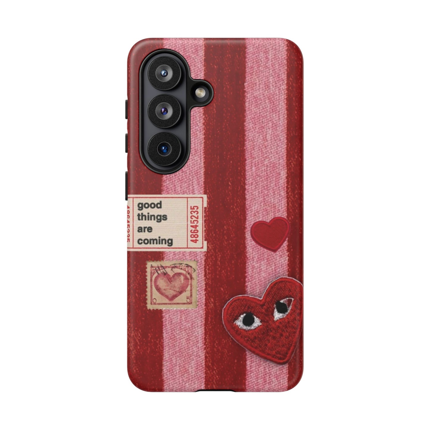 Phone Case — Red Striped Heart Design with “Good Things Are Coming”
