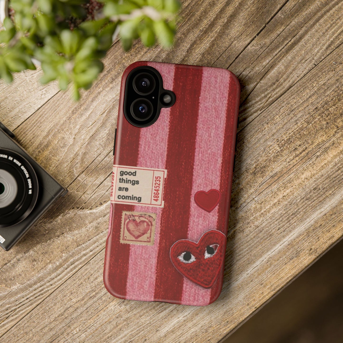 Phone Case — Red Striped Heart Design with “Good Things Are Coming”