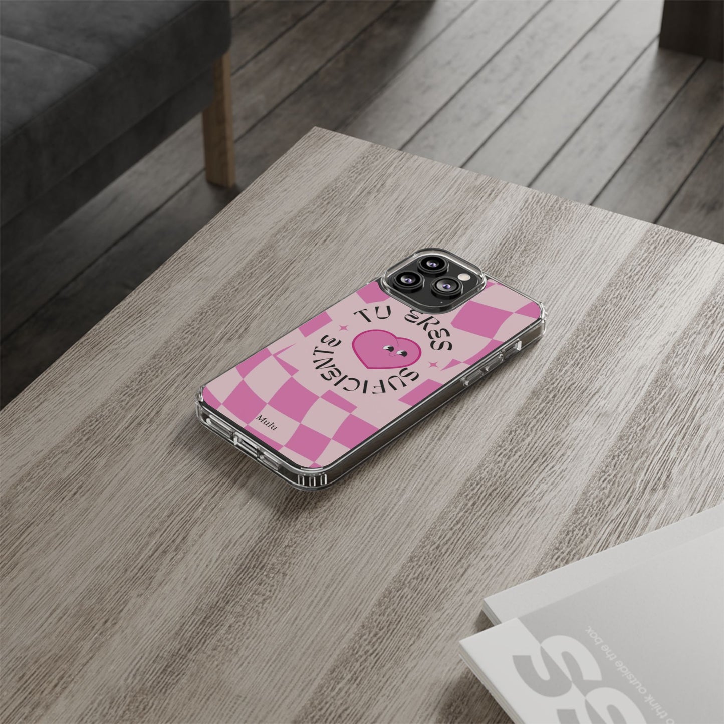 Clear Impact-Resistant Phone Case — Pink Checkerheart “Tu Eres Suficiente” Design