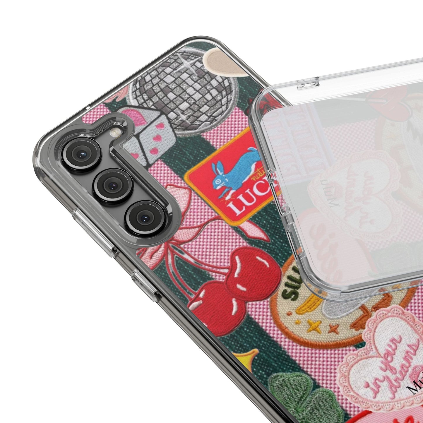 Clear Impact-Resistant Phone Case — Retro Patchwork Stickers (Lucky, Cherries, Silly Goose)