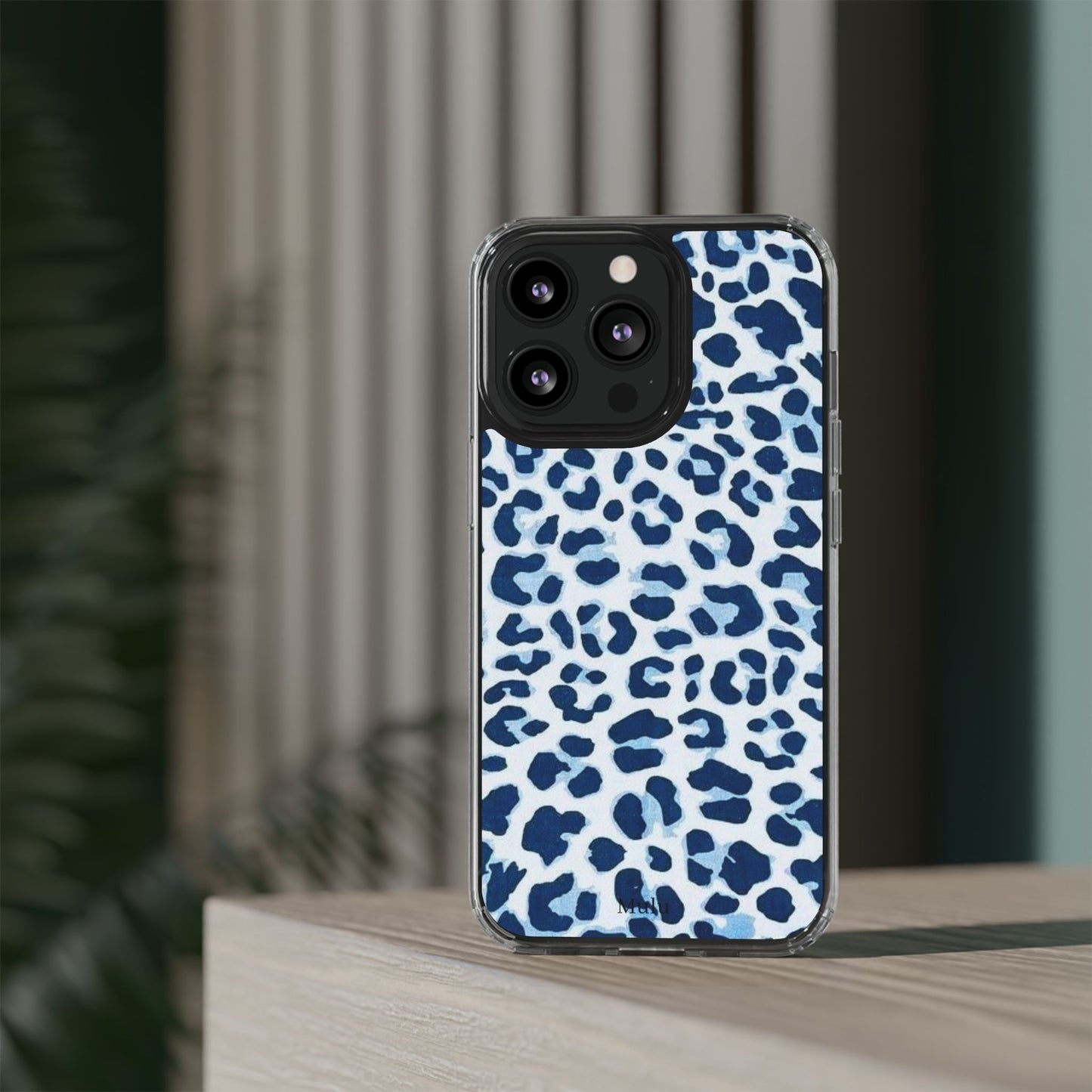 Clear Impact-Resistant Phone Case — Blue Watercolor Leopard Print
