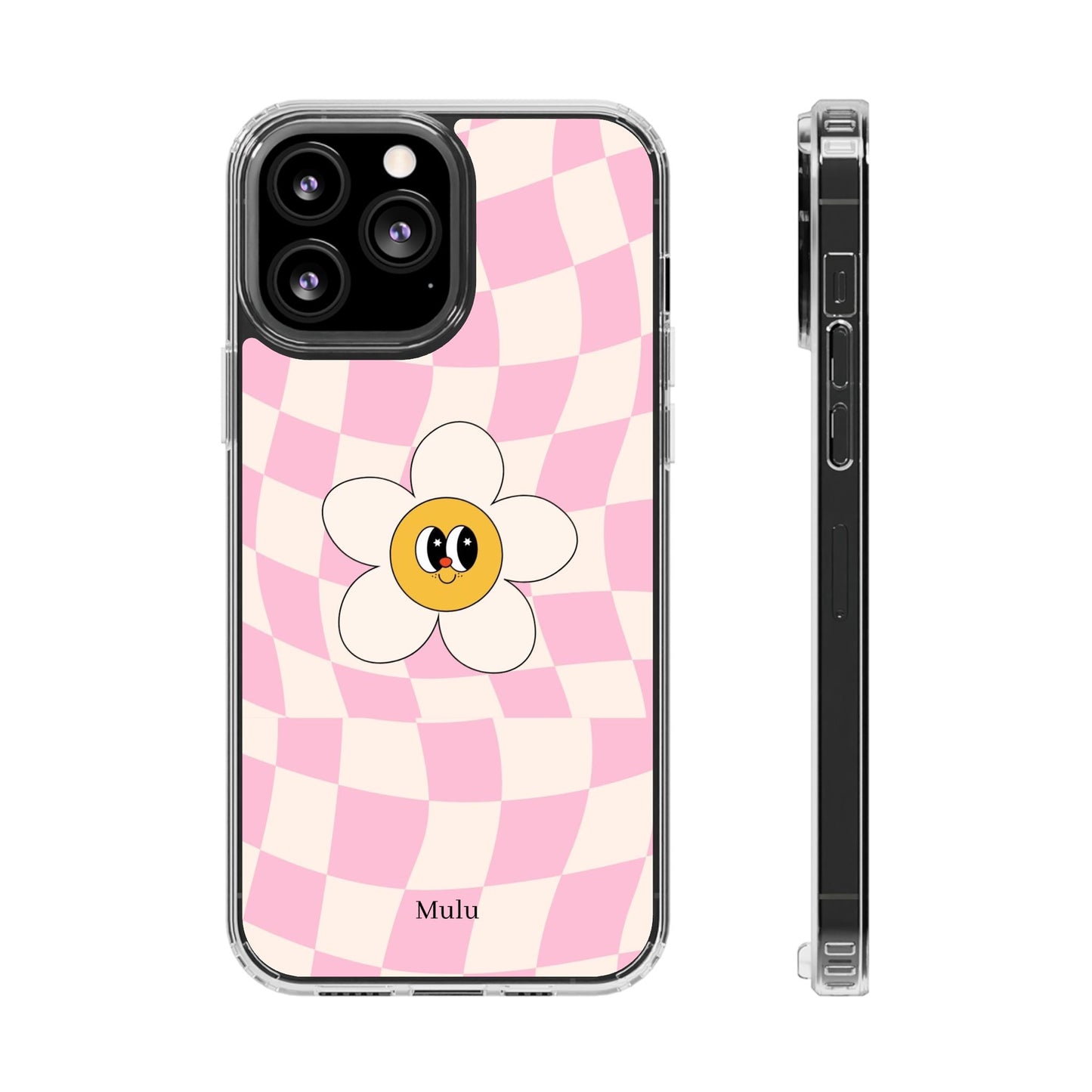 Clear Impact-Resistant Phone Case — Pink Checkerboard Daisy Design