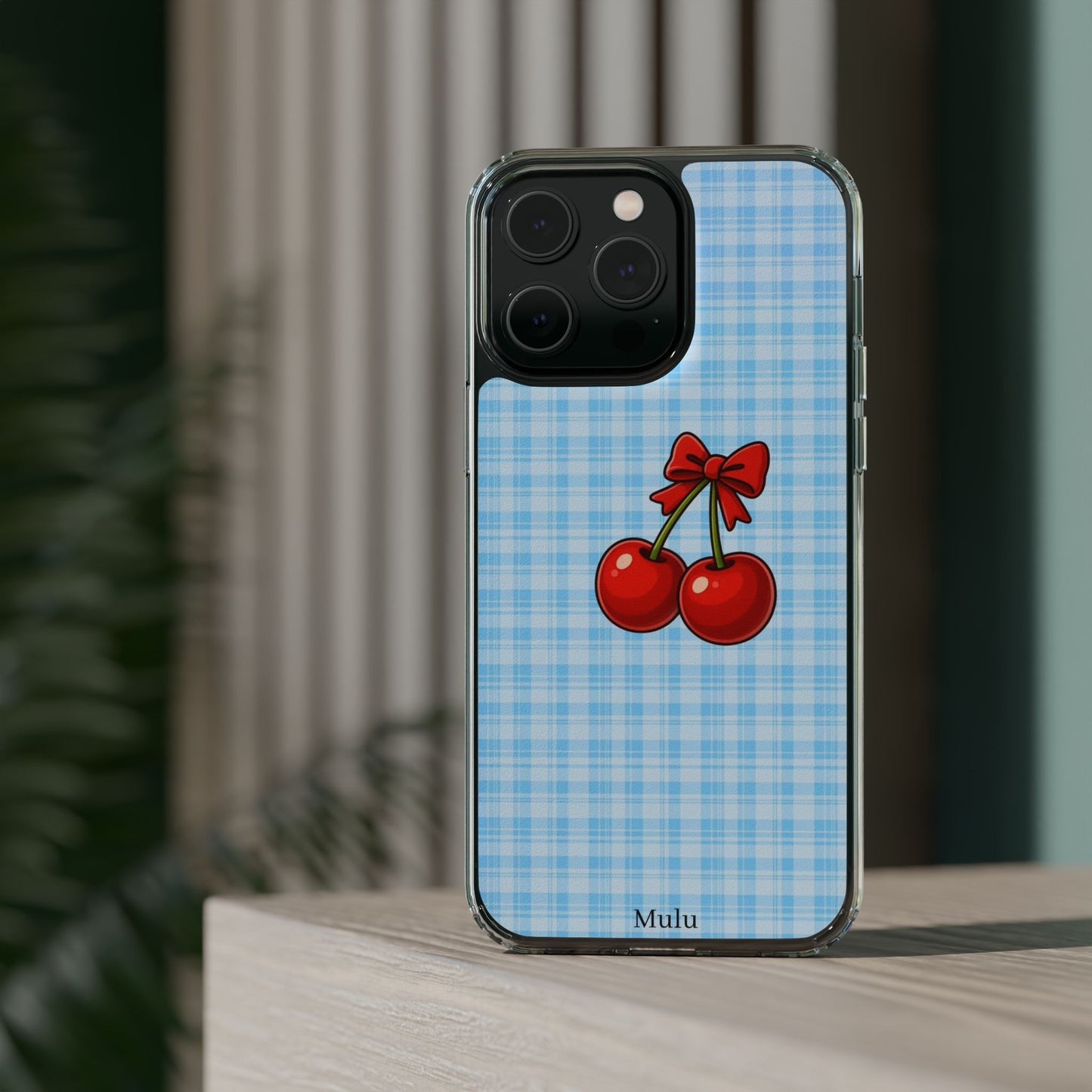 Clear Cherry Gingham Phone Case — Impact-Resistant Clear Case with Red Cherry Design