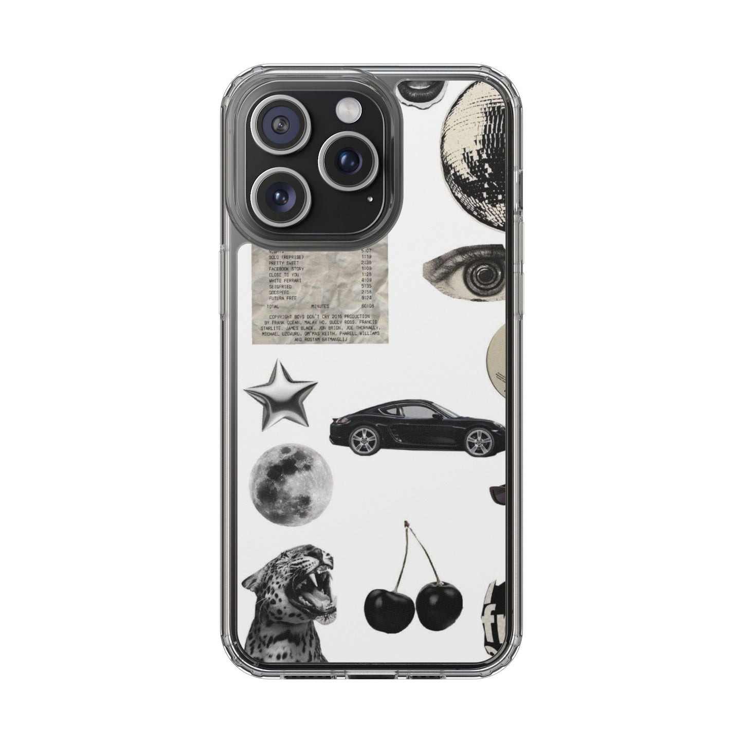 Clear Phone Case — Vintage Collage Stickers (Moon, Eye, Car, Cherries)