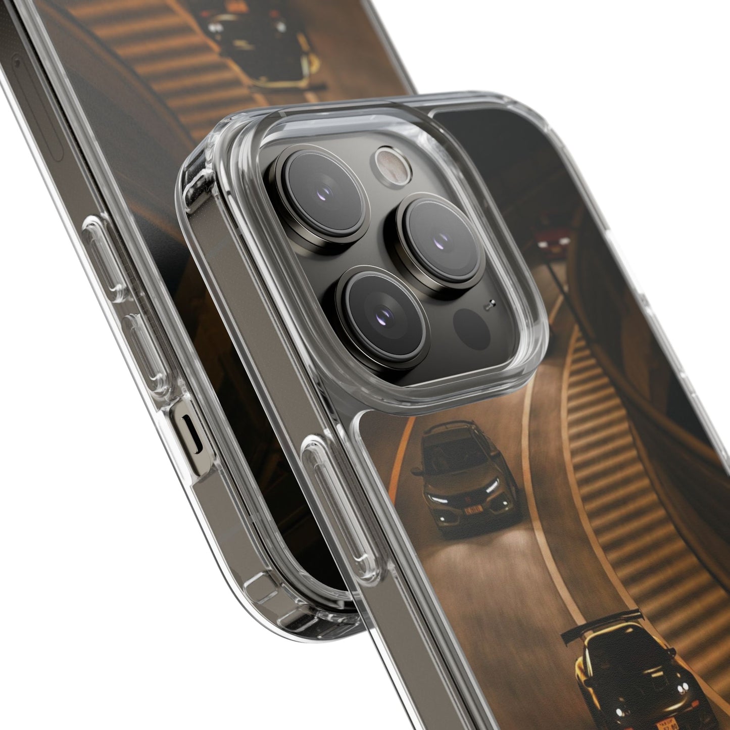 Racing Night Clear Phone Case – Sports Cars on Curved Highway