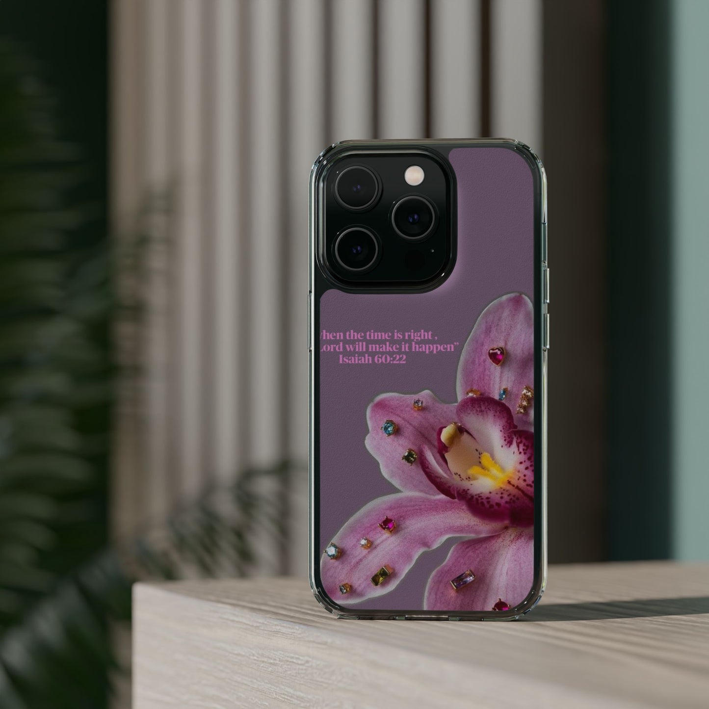 Clear Floral Impact-Resistant Phone Case — "When the time is right" Rose Orchid Design