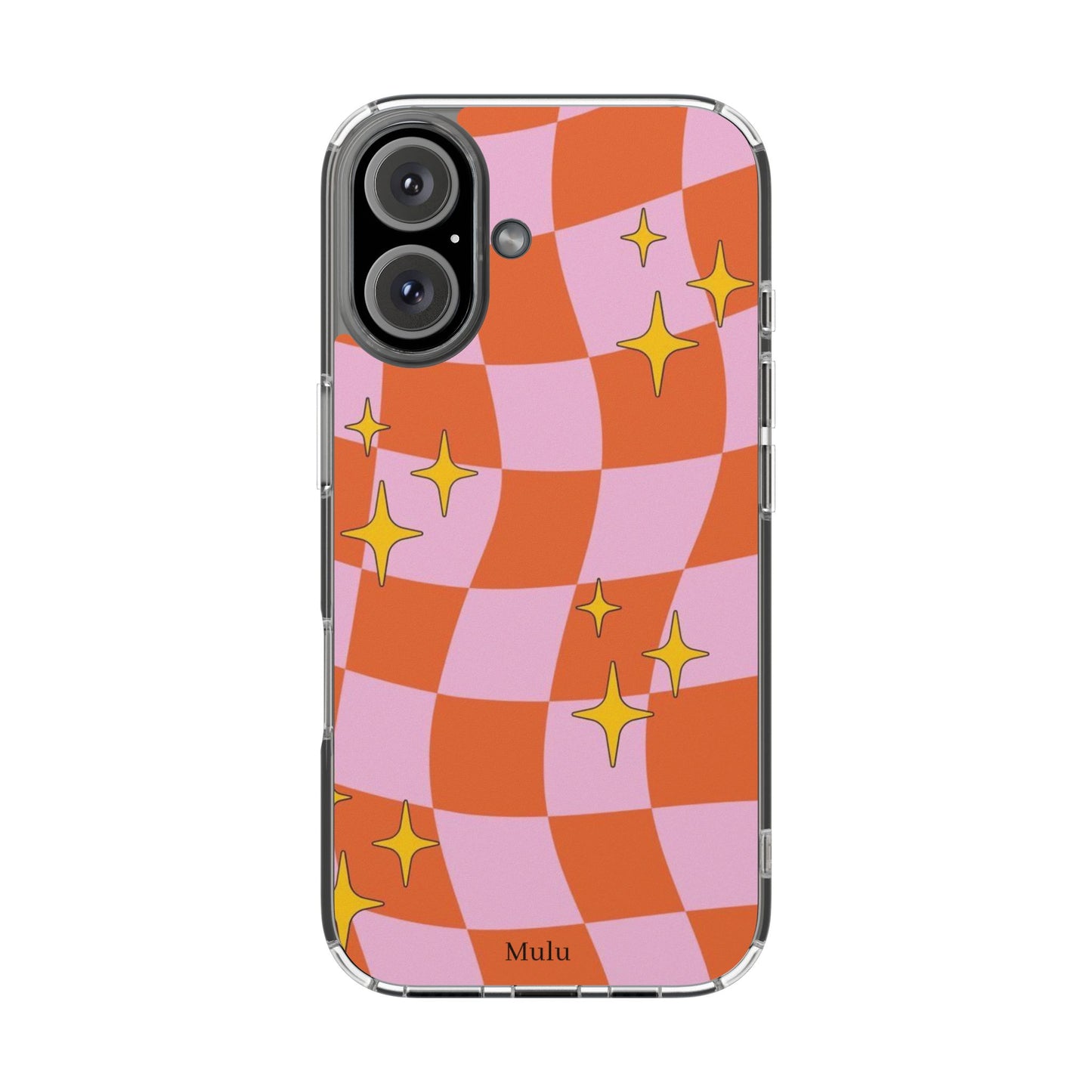 Clear Impact-Resistant Case — Retro Pink & Orange Checker with Sparkle Stars