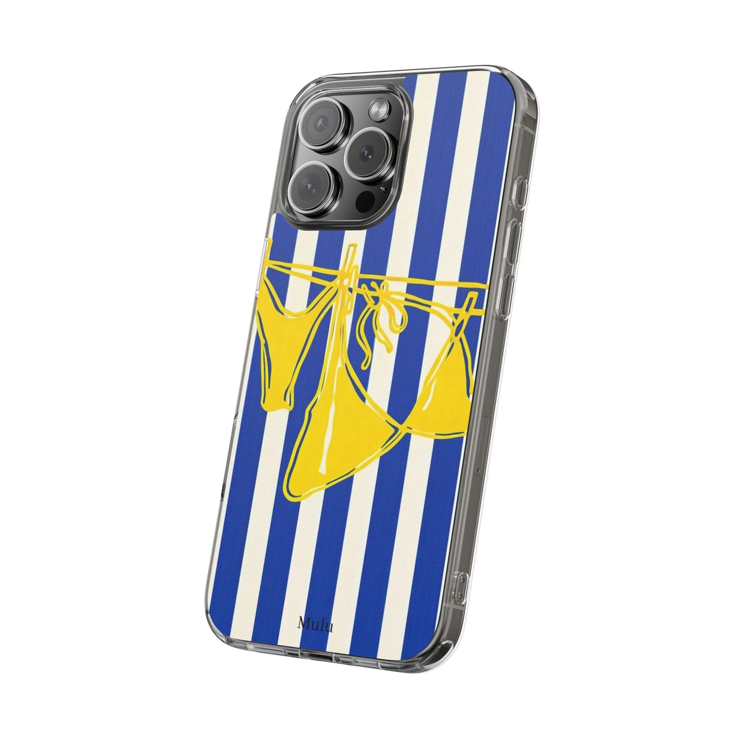 Striped Beach Bikini Phone Case — Yellow Swimwear on Blue & White Stripes, Clear Impact-Resistant