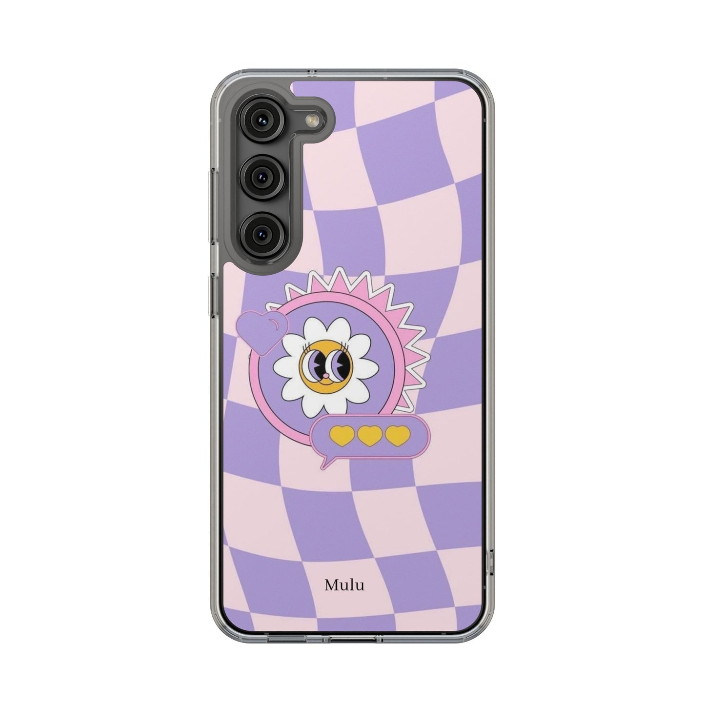 Clear Impact-Resistant Case — Cute Purple Checkerboard Dino with 'Mulu'