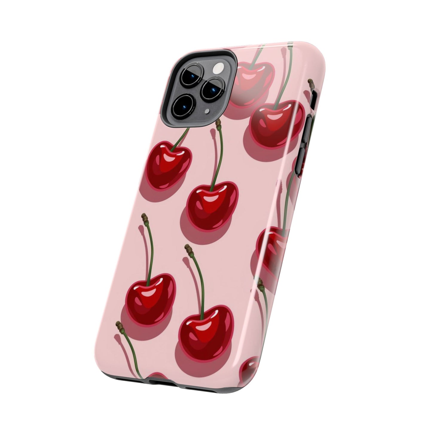 Cherry Pattern Tough Phone Case — Retro Pink Cherry Print Protective Phone Case