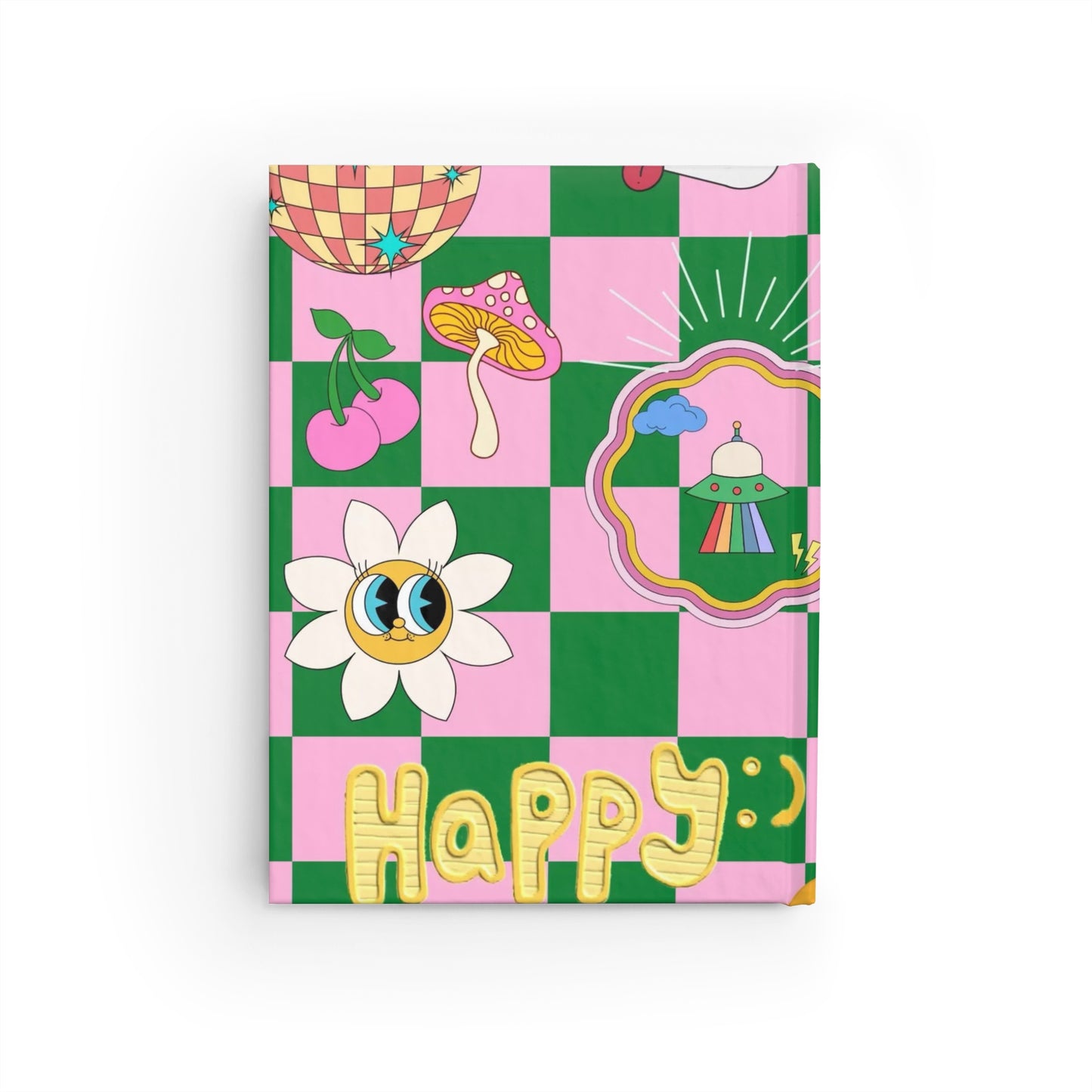 Happy Checkerboard Journal — Pink & Green Retro Doodle Ruled Notebook