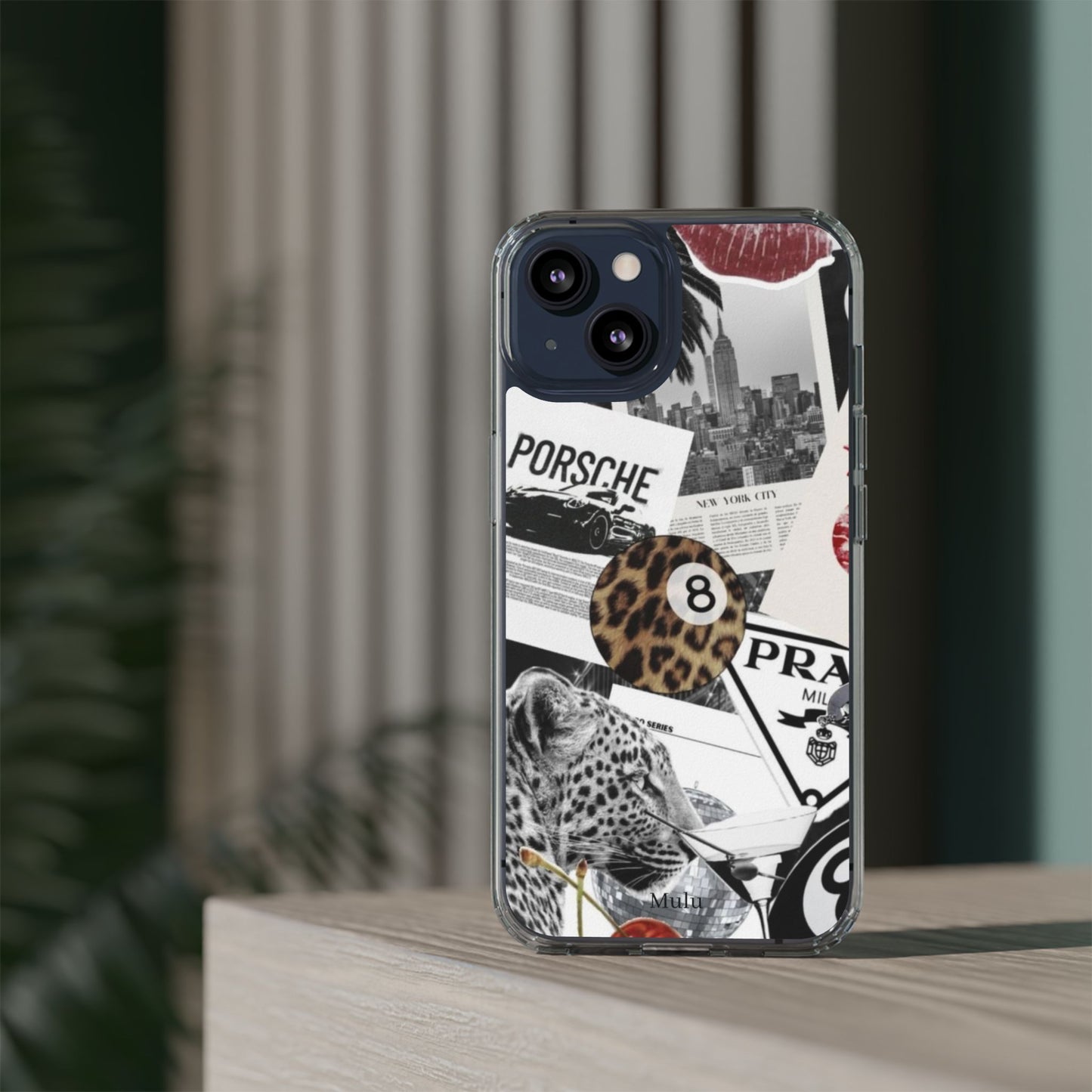 Clear Impact-Resistant Phone Case — Collage Luxury Leopard & Vintage Car Design