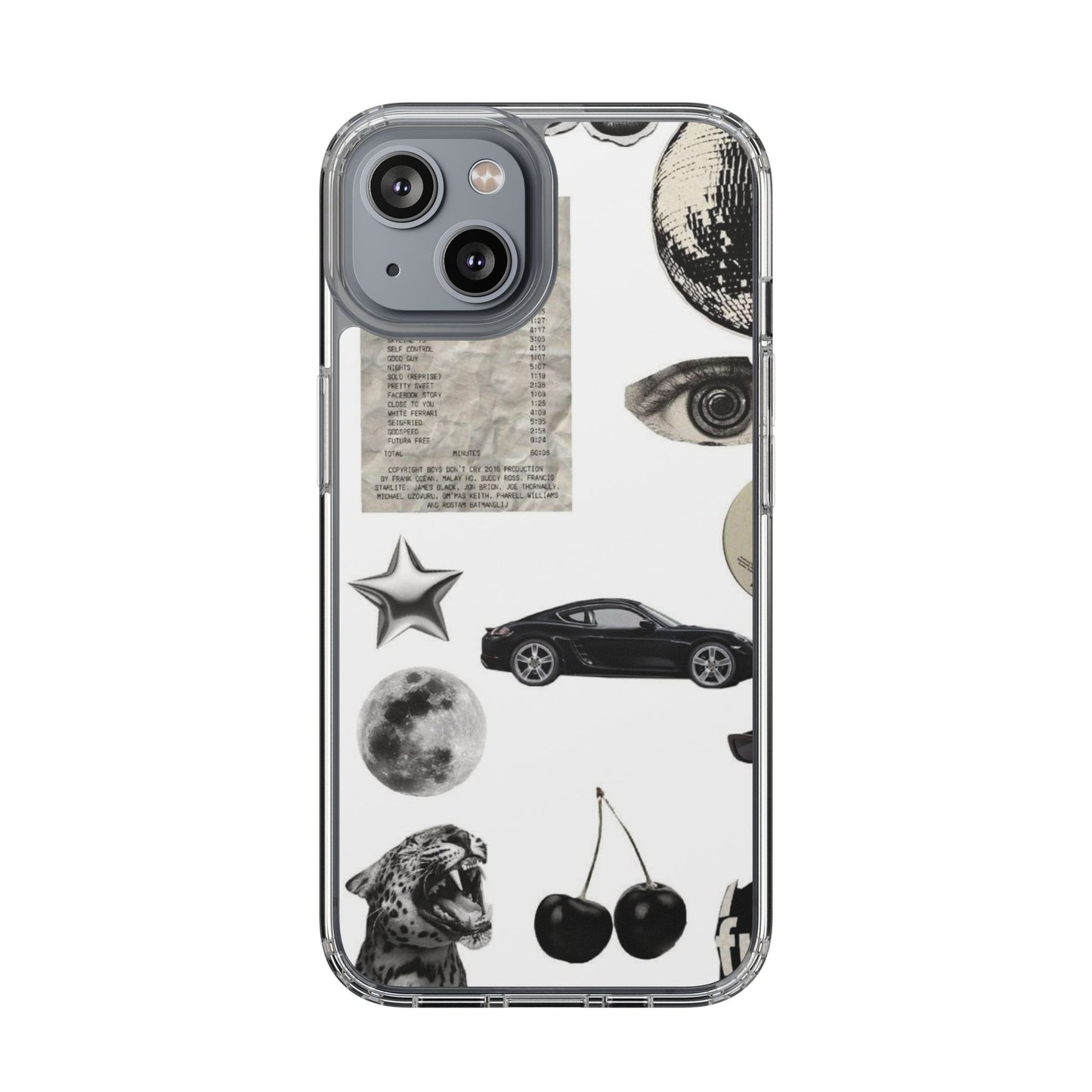 Clear Phone Case — Vintage Collage Stickers (Moon, Eye, Car, Cherries)