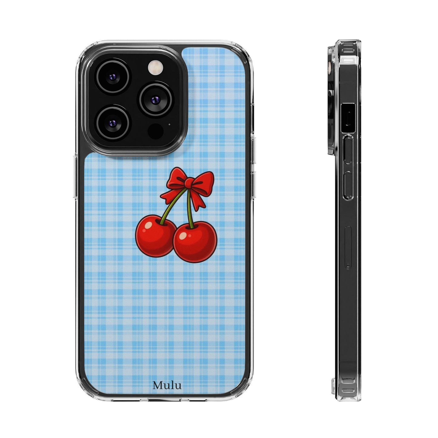 Clear Cherry Gingham Phone Case — Impact-Resistant Clear Case with Red Cherry Design