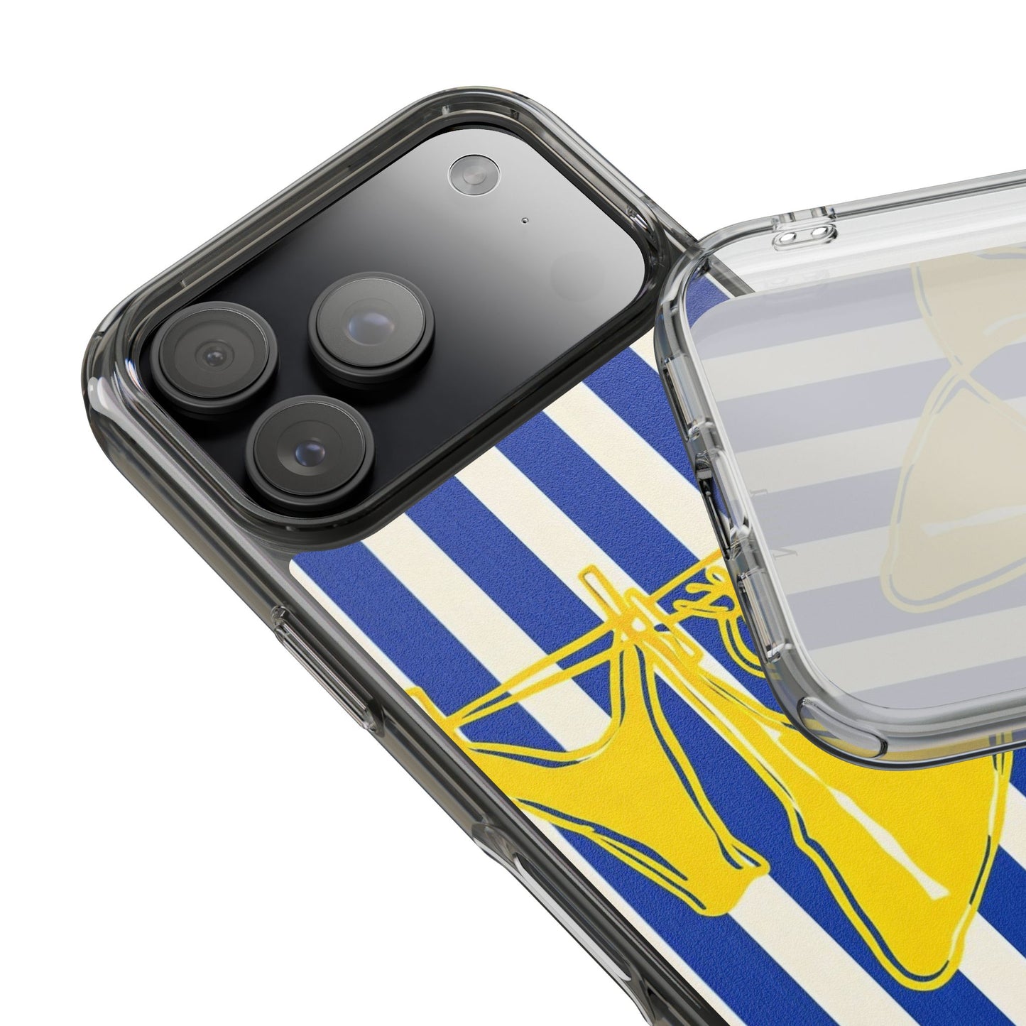 Striped Beach Bikini Phone Case — Yellow Swimwear on Blue & White Stripes, Clear Impact-Resistant