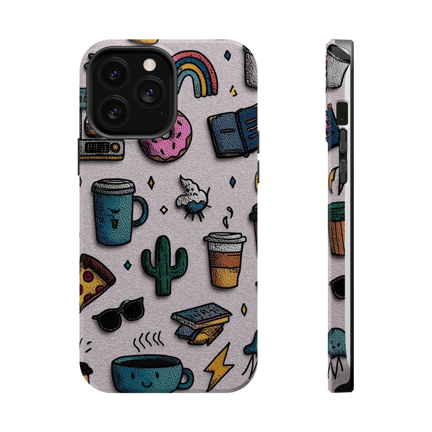 Cute Doodle Phone Case — Magnetic Impact-Resistant Design (coffee, rainbow, cactus)