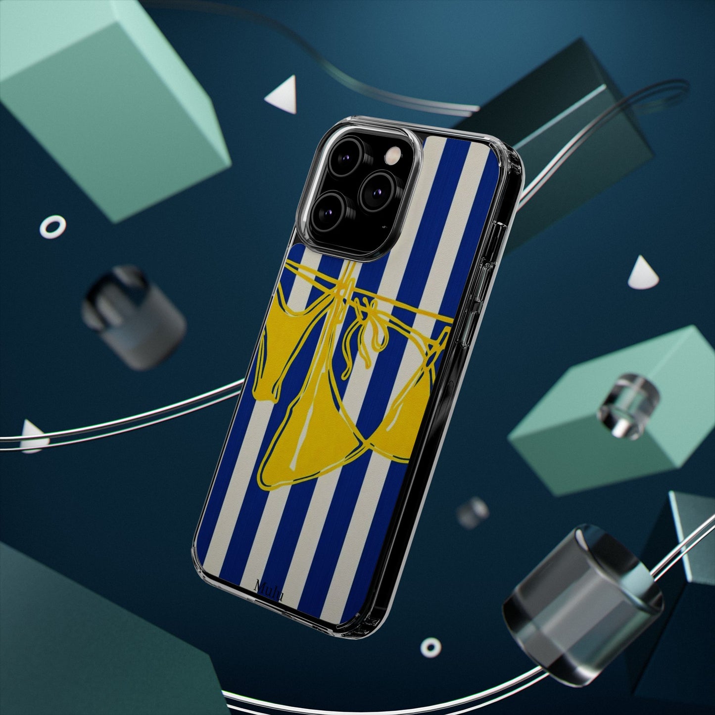 Striped Beach Bikini Phone Case — Yellow Swimwear on Blue & White Stripes, Clear Impact-Resistant