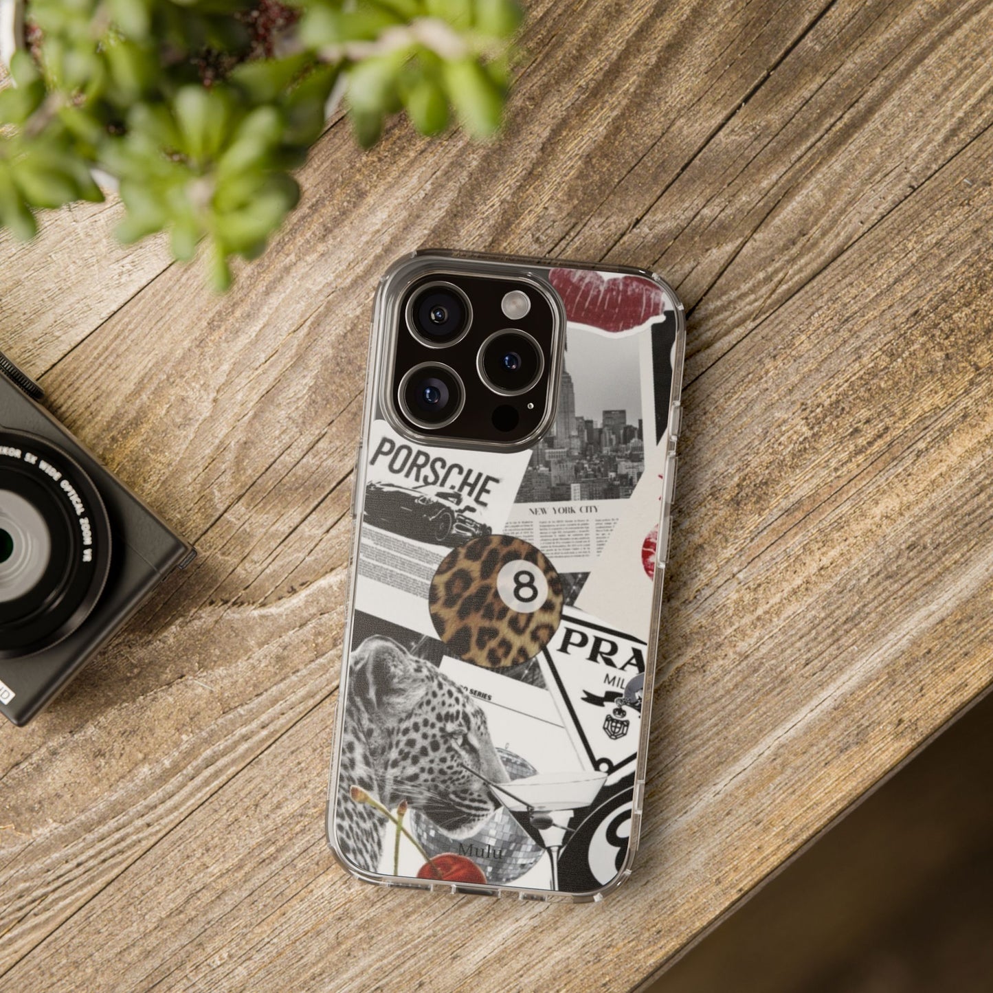 Clear Impact-Resistant Phone Case — Collage Luxury Leopard & Vintage Car Design