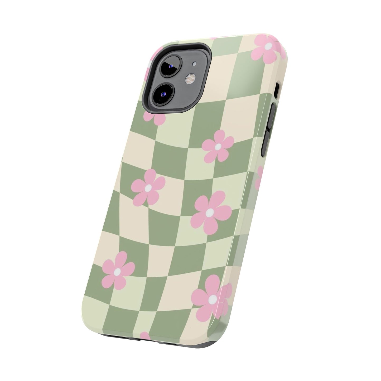 Tough Phone Case — Retro Green Checkerboard with Pink Flowers