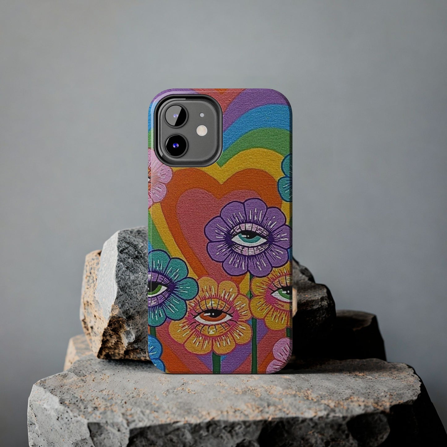 Psychedelic Eye Flower Tough Phone Case — Retro Rainbow Protective iPhone Cover