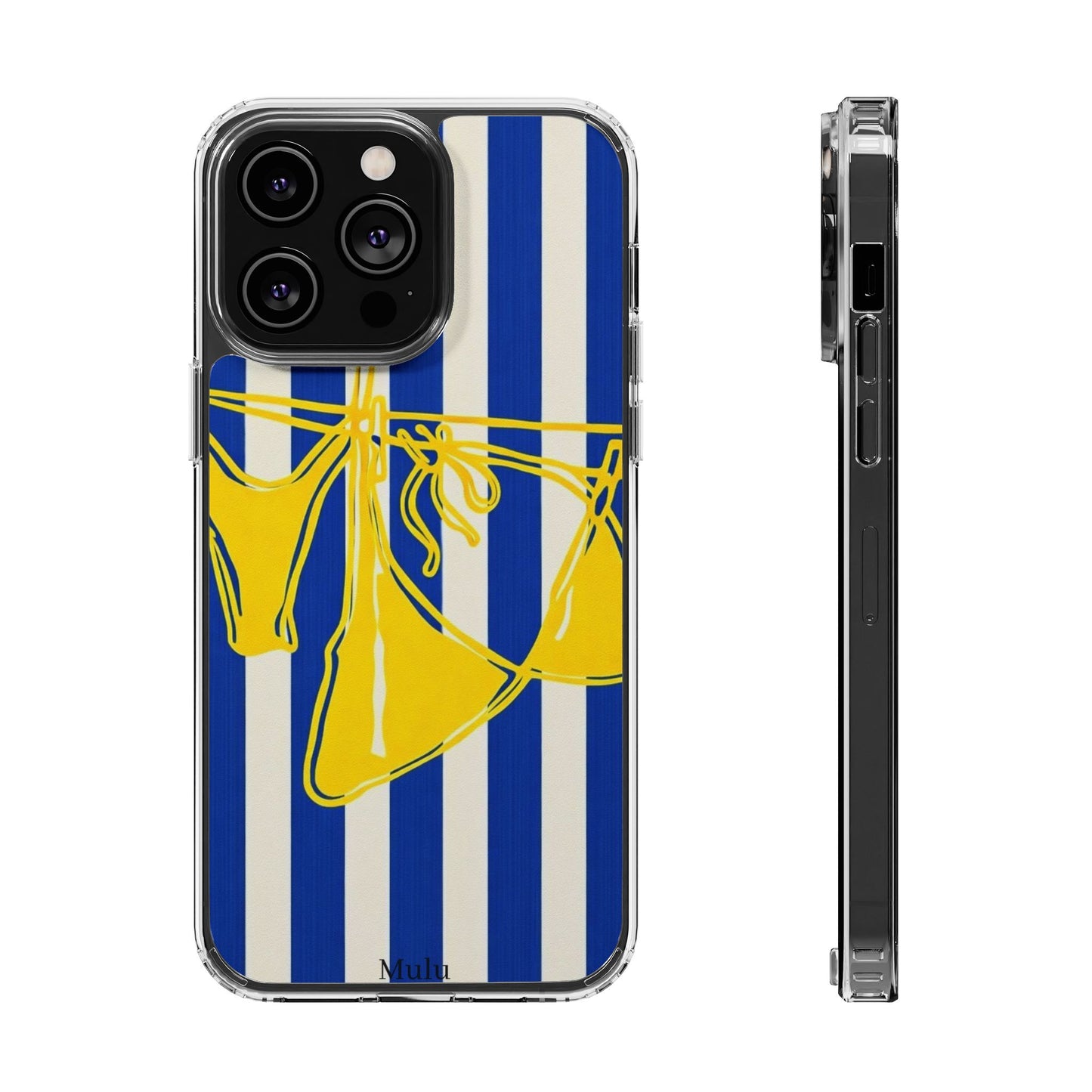Striped Beach Bikini Phone Case — Yellow Swimwear on Blue & White Stripes, Clear Impact-Resistant