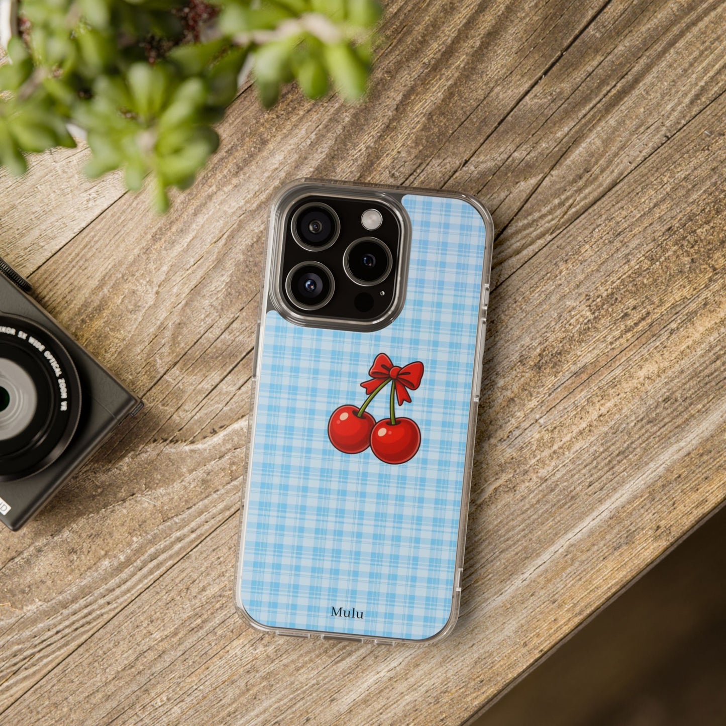 Clear Cherry Gingham Phone Case — Impact-Resistant Clear Case with Red Cherry Design