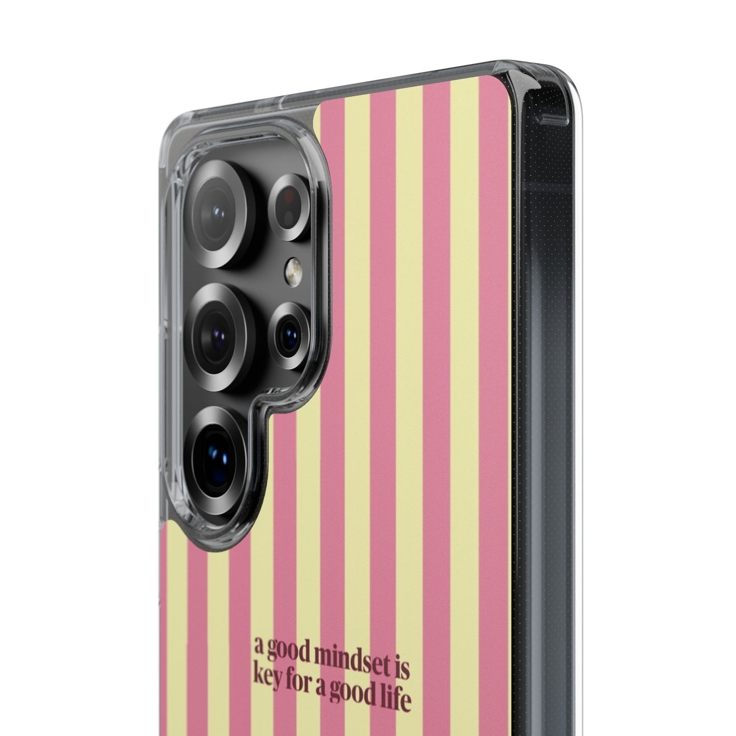 Striped Clear Phone Case — "A Good Mindset Is Key for a Good Life" Motivational iPhone Case