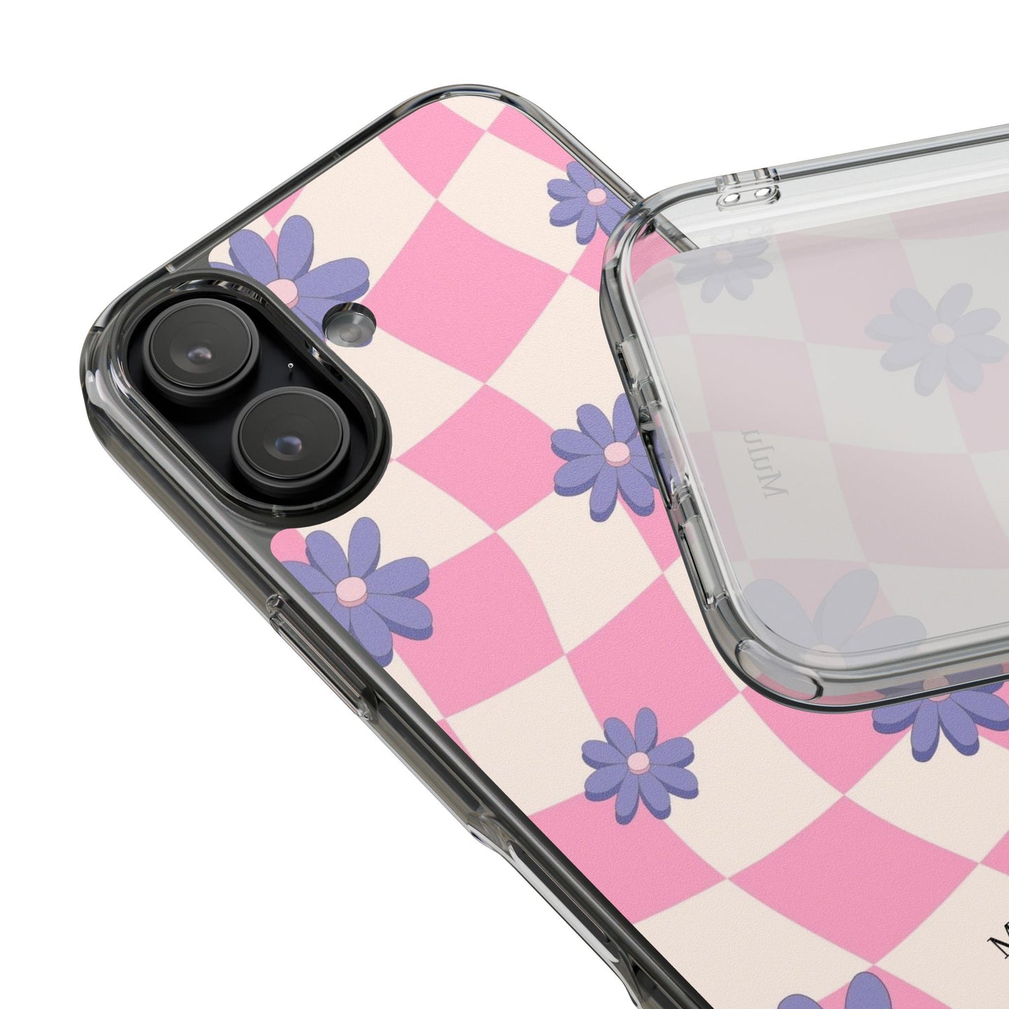 Clear Impact Phone Case — Pink Checkerboard with Purple Flowers