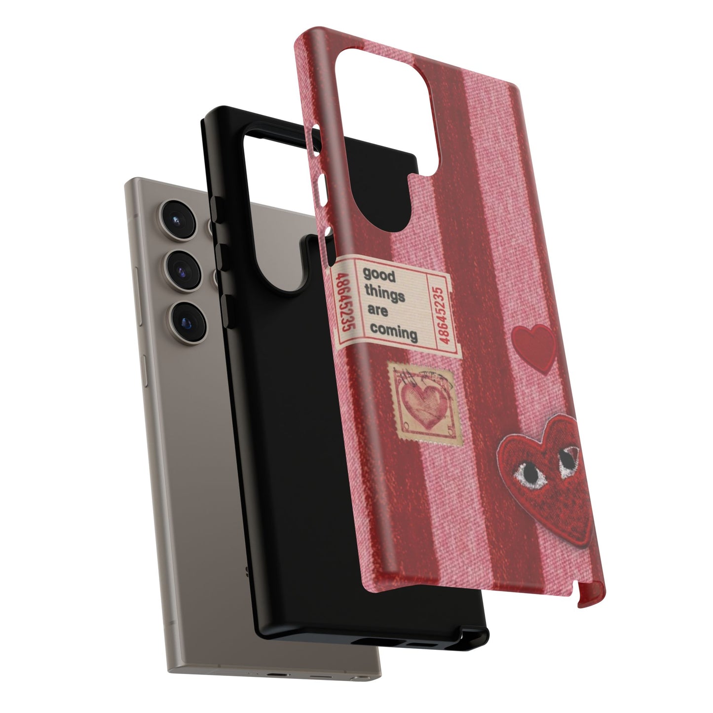 Phone Case — Red Striped Heart Design with “Good Things Are Coming”