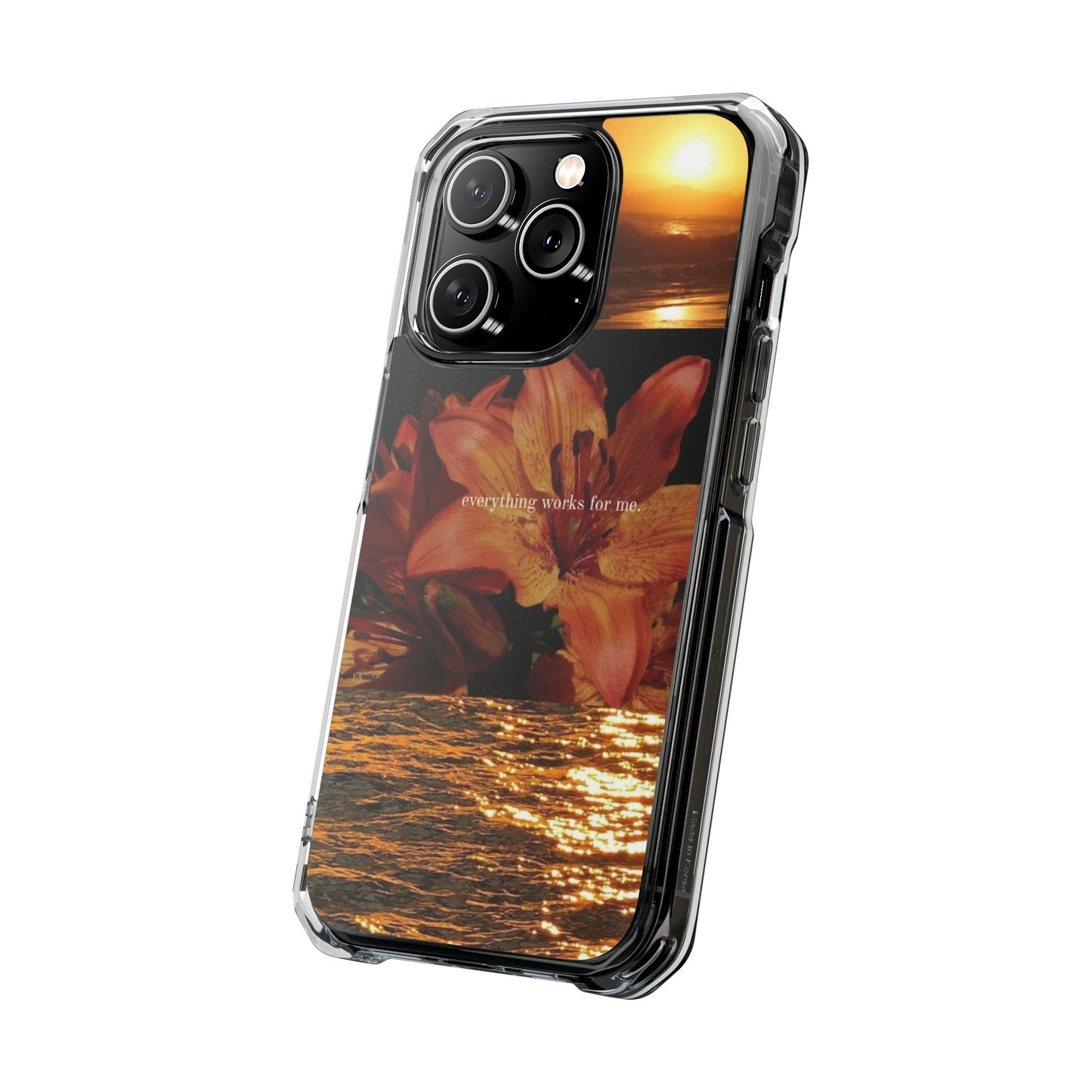 Clear Magnetic Phone Case — Sunset Lily Design ("anything waits for you")