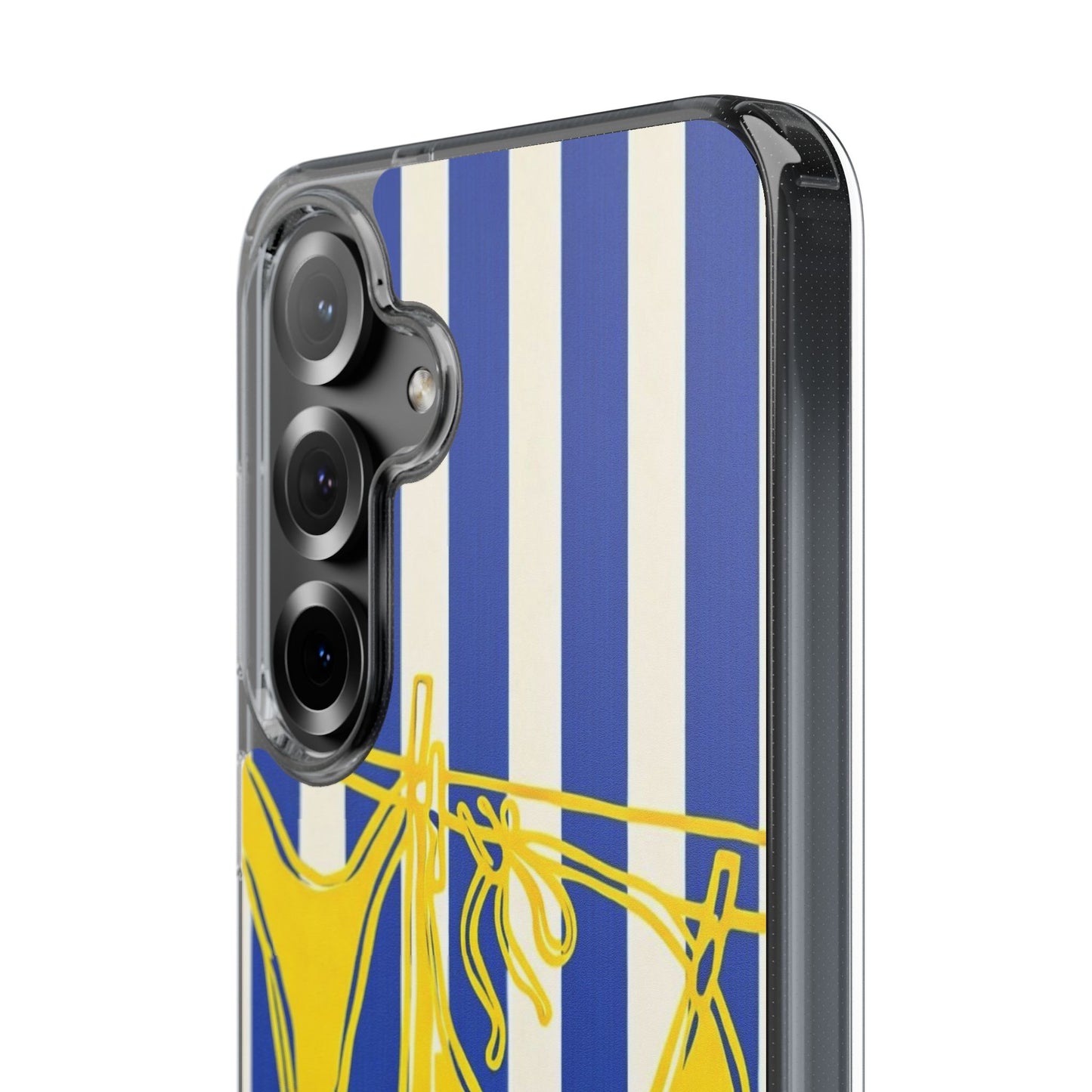 Striped Beach Bikini Phone Case — Yellow Swimwear on Blue & White Stripes, Clear Impact-Resistant