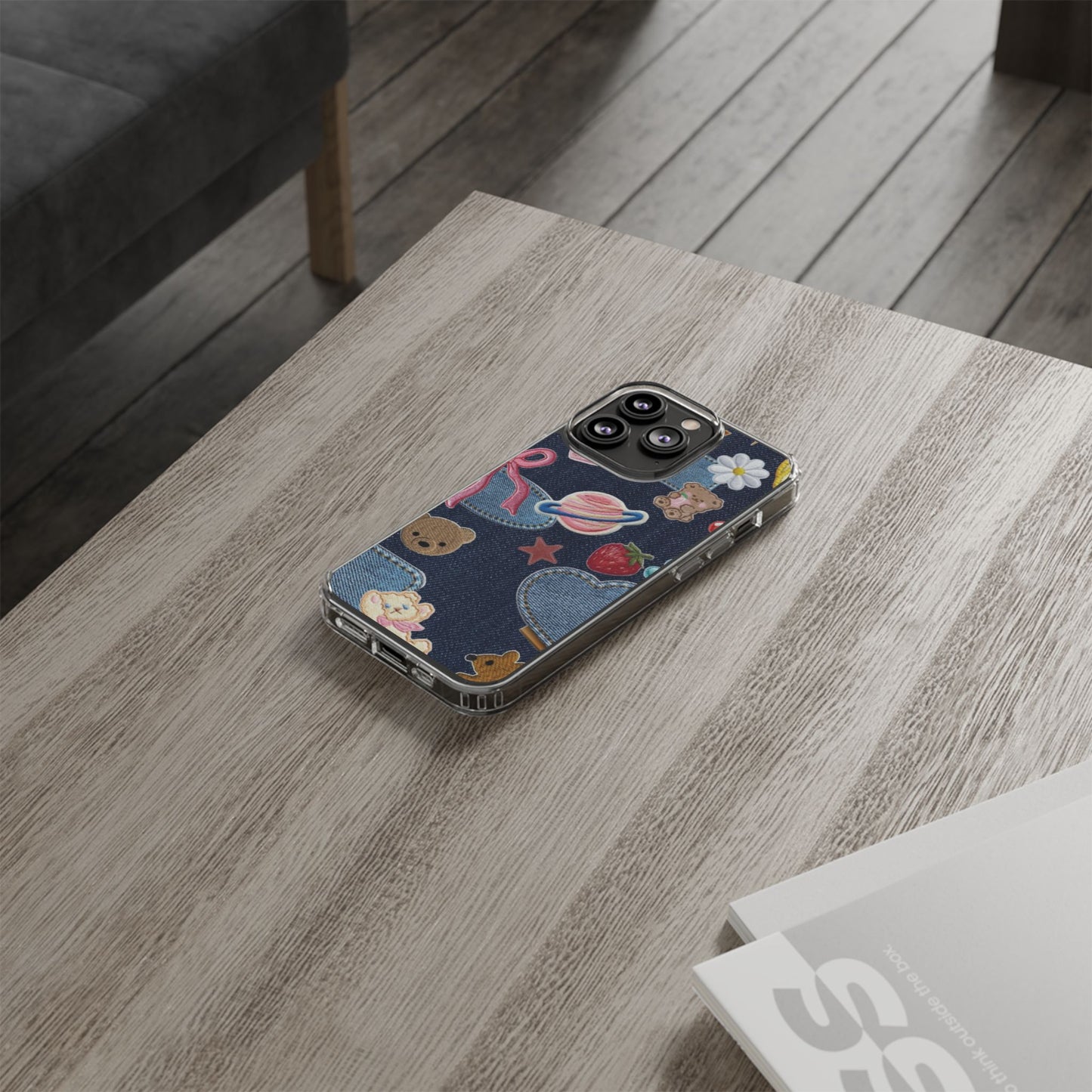 Clear Impact-Resistant Phone Case — Cute Denim Patch Collage (Teddy, Strawberry, Planet)