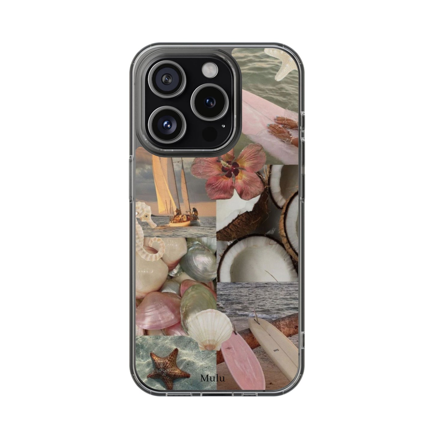 Clear Phone Case — Coastal Collage Shells & Surf Design